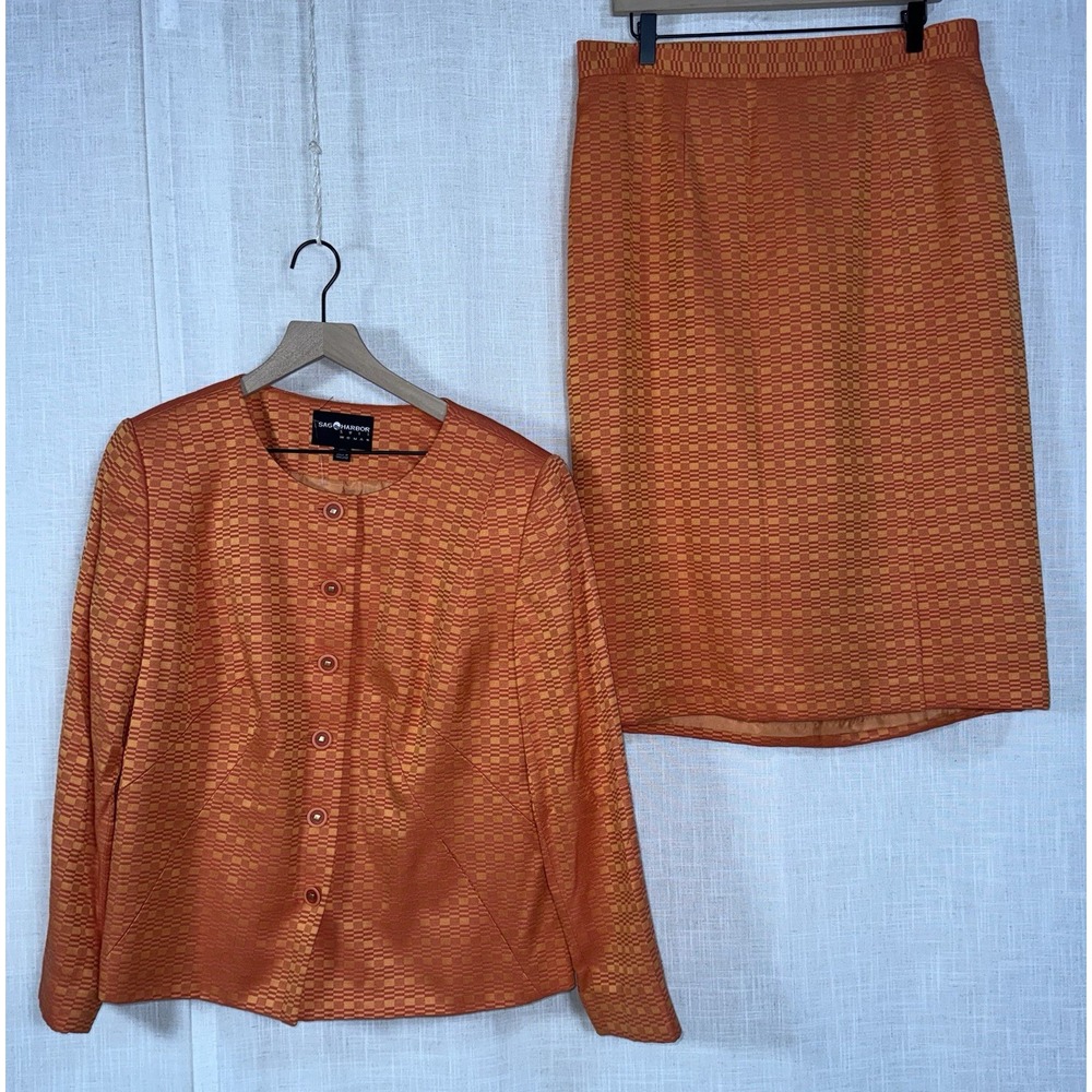Sag Harbor Women's Sz 16 Orange Suit Set Blazer Jacket Skirt Office Career